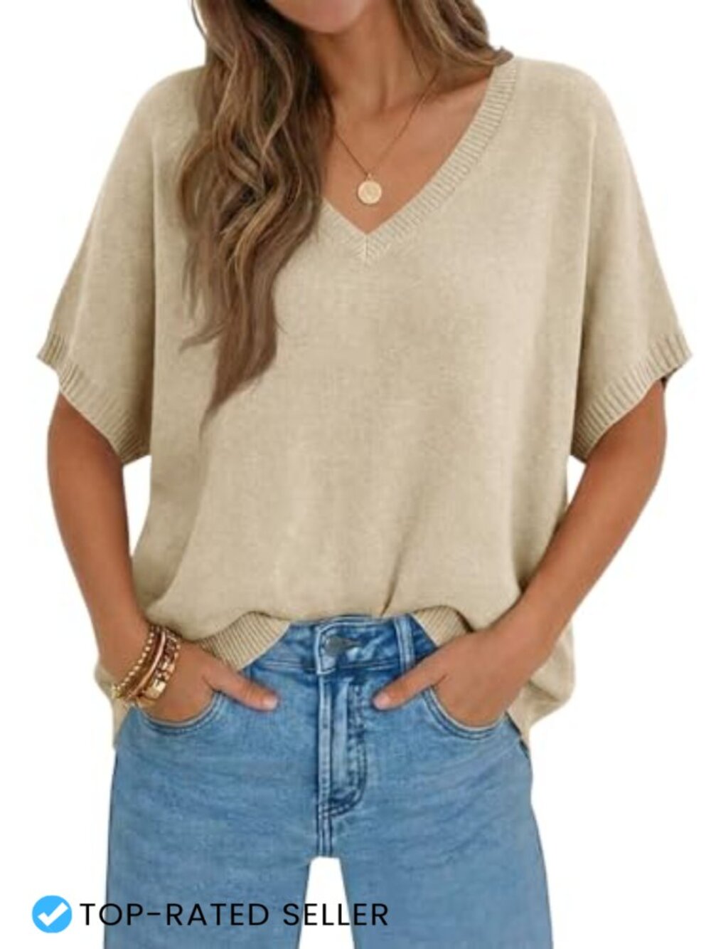 Oversized Batwing Short Sleeve V Neck Lightweight Knit Pullover Sweater Top